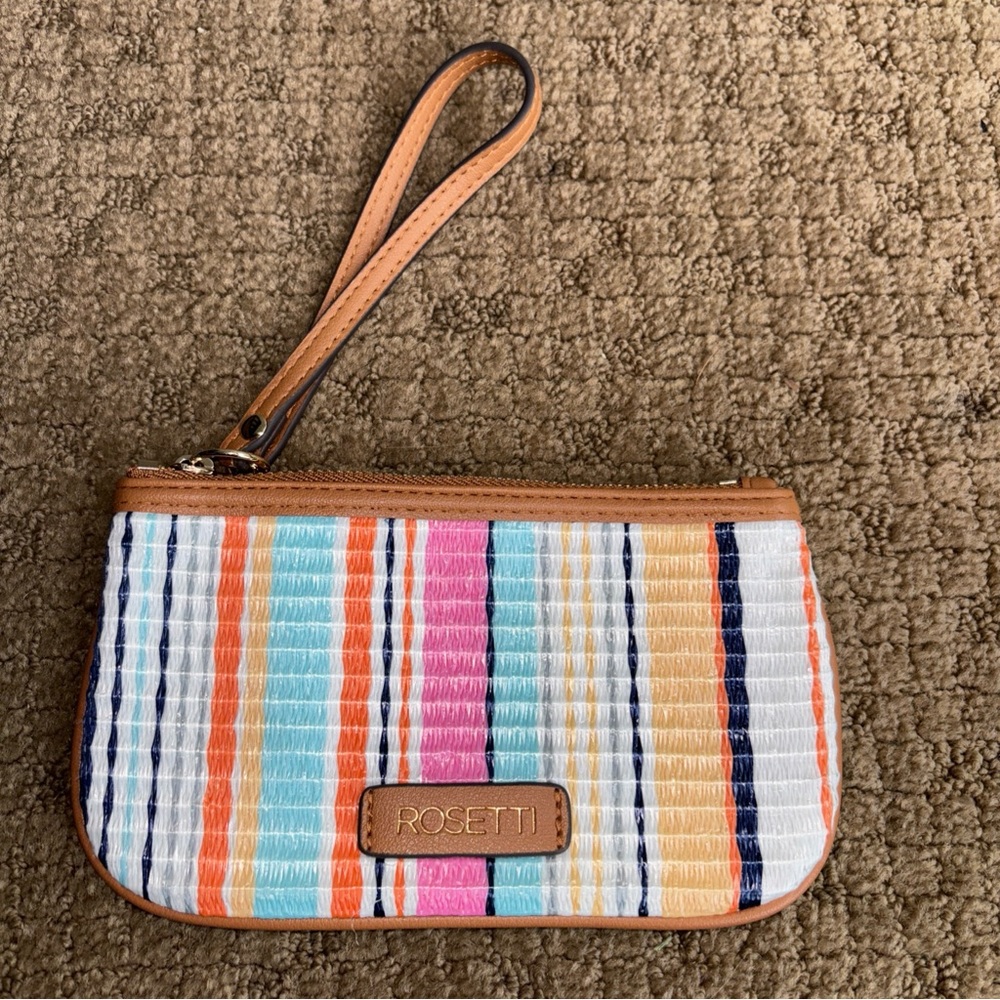 Rosetti pink blue woven Striped Wristlet brown leather makeup bag wallet NEW